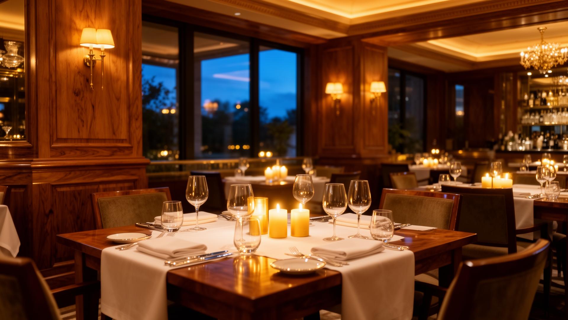 Oak Tree restaurant elegant candlelit dining room at dusk